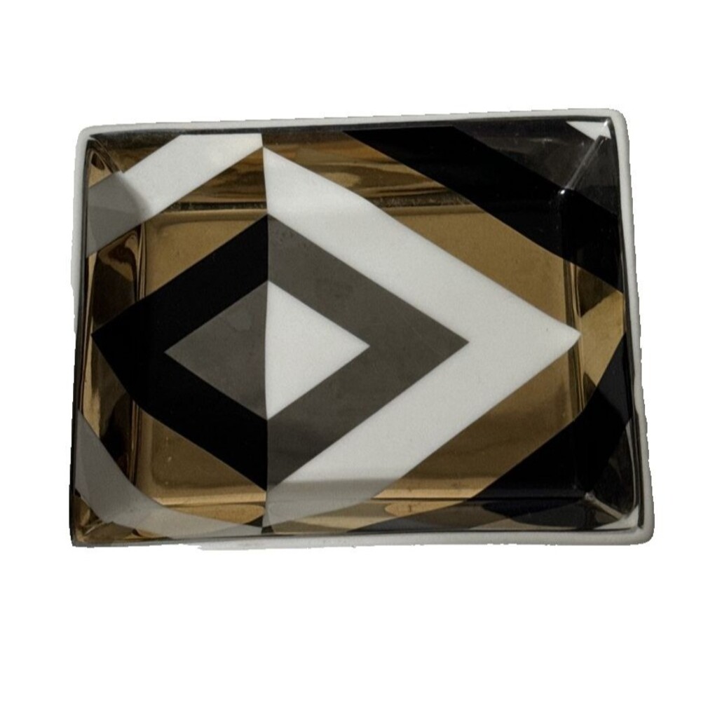 J. Crew Rectangular Trinket Dish, Black/White/Gold Diamond /Triangular Pattern